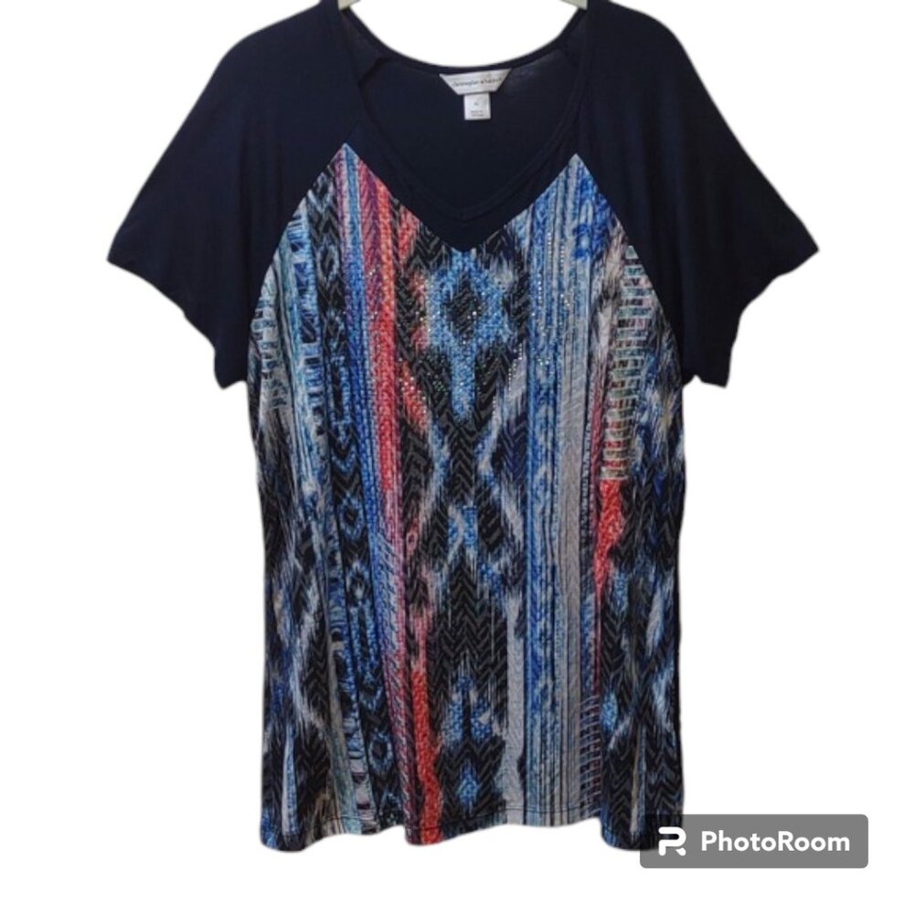 Christopher & Banks Women's V-Neck SS Lightweight Navy Aztec Pattern Beaded Top